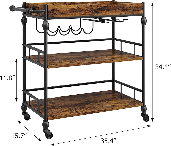 IDEALHOUSE Bar Cart, Bar Carts for The Home, 3 Tier Bar Cart with Wheels, Portable Home Bar & Serving Carts, Rolling Cart with Wine Rack and Removable Tray for Living Room, Kitchen, Dining Room