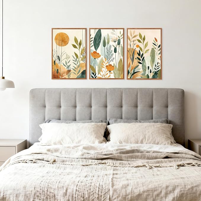 CHDITB Boho Botanical Framed Canvas Wall Art Set, Minimalist Nature Plant Wall Decor, Abstract Sun and Wildflower Painting, Neutral Green Plant Art Prints for Living Room Bedroom Kitchen 16"x24"x3