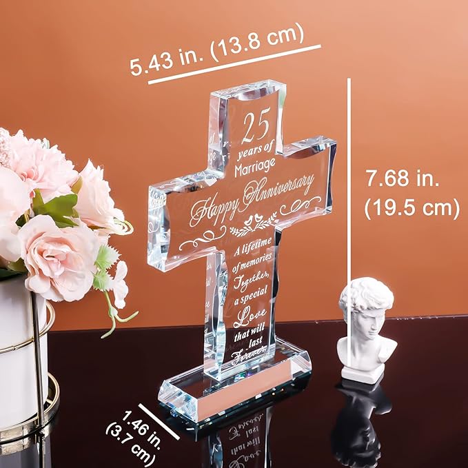 YWHL 25th Wedding Anniversary Glass Cross Gifts for Wife Husband, Laser Engraved 25 Year Anniversary Standing Cross Gifts for Couple, 25 Years of Marriage Decorations