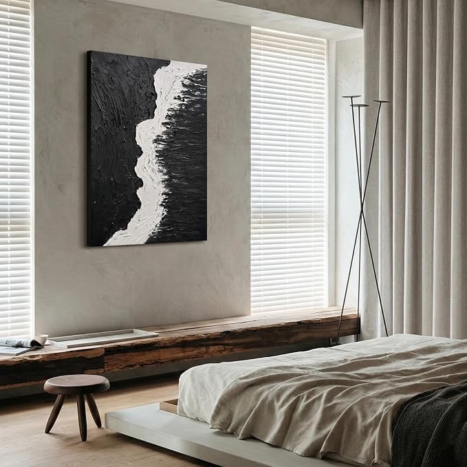 Modern Black &White Abstract Canvas Wall Art,Large 3D Textured Oil Painting | Hand-Painted Vertical Ocean Waves Artwork for Living Room Bedroom Office, Minimalist Contemporary Wall Decor, 24x36 In