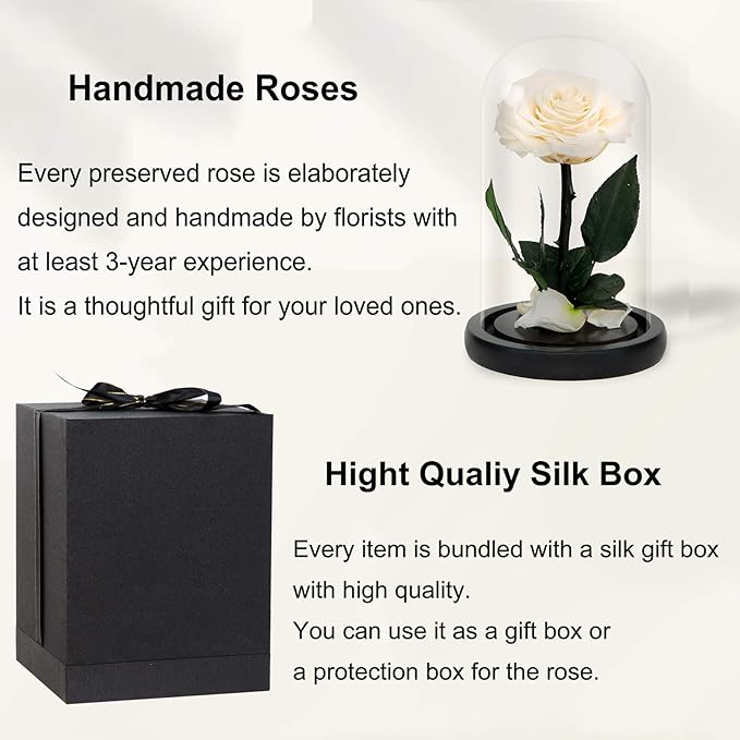 NATROSES Handmade Preserved Roses in Glass Dome, White Roses, Preserved Flowers Gifts for Women, Mothers Day Flowers