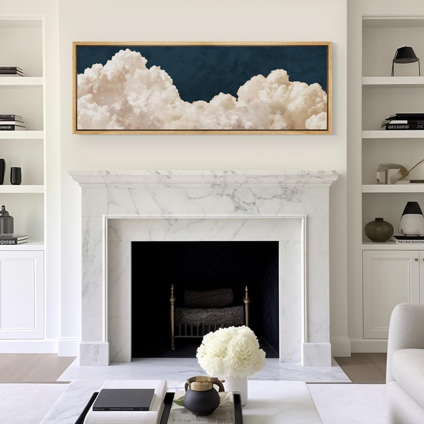 MUDECOR Large Framed Canvas Print Wall Art Cumulus Clouds Panoramic Dramatic Skyline Illustrations Antique Retro Fine Art Illustrations Decorative Colorful for Bedroom - 60"x20"