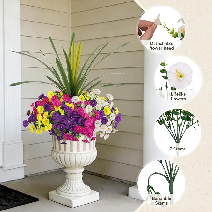 INXUGAO Artificial Flowers for Outdoors Fake Plants Outside, 12 Bundles Silk Morning Glory with Eucalyptus + Orchid Leaf UV Resistant Realistic Faux Flowers for Porch Planter Garden Patio (Mix Color)