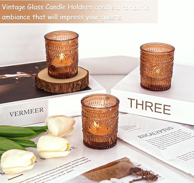 48 Pcs Amber Glass Votive Candle Holders, Tealight Candle Holders for Table Centerpieces, Vintage Candle Holder Bulk, Boho Wedding, Home, Bridal Shower, Birthday Party Table Decor (Amber)