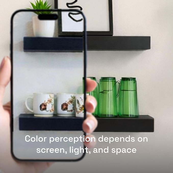 Solid Wood Floating Shelves for Wall 12 Inch Black, Small Wooden Shelf | Real Wood, Wide, Bathroom Shelves for Room Wall Mounted, Kitchen Bedroom, Black Finish, 12W × 6.7D, Set of 2