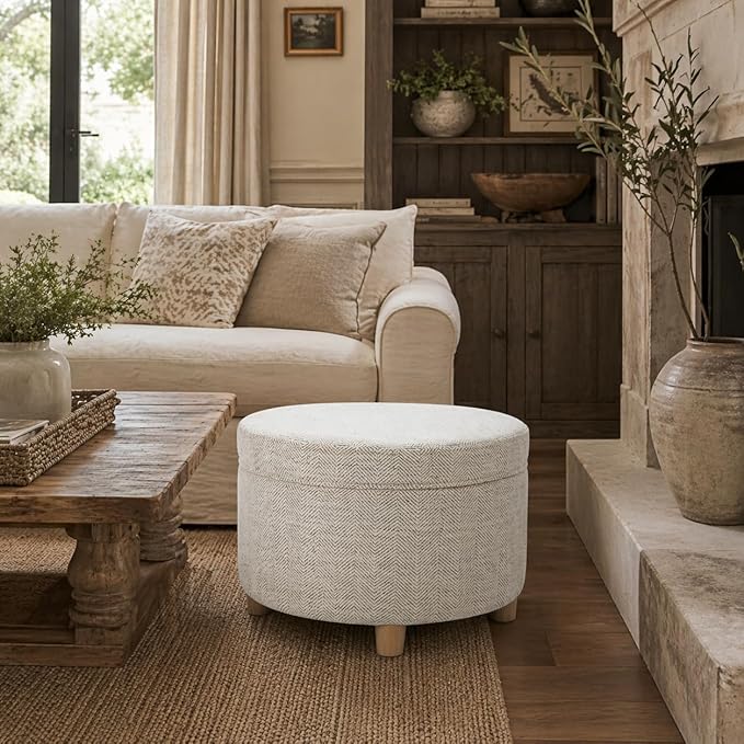 HomePop 24" Large Round Storage Ottoman - Cream Chevron Woven