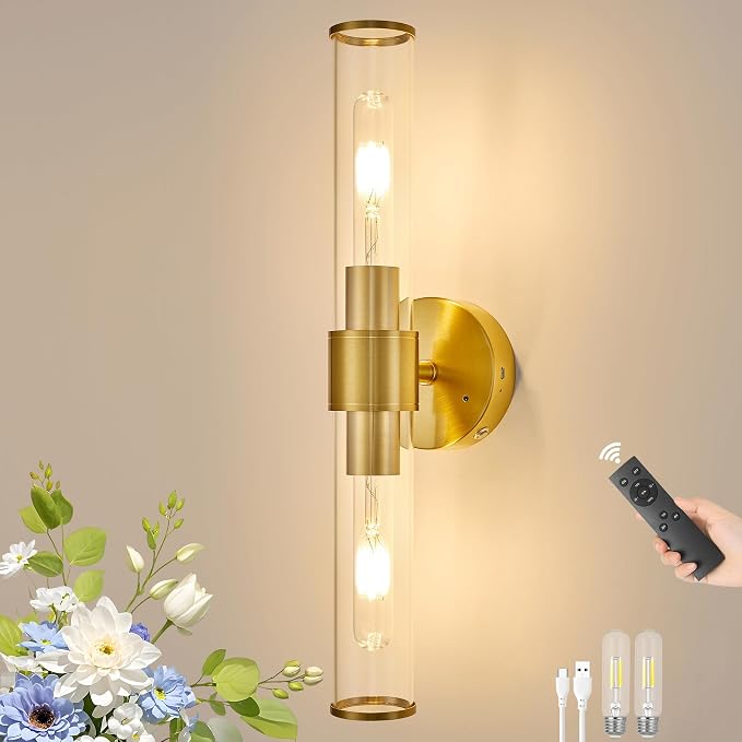 Morauroral Gold Battery Operated Wall Sconce, Rechargeable Wall Lights with Remote, 20 Inch Modern Wireless Wall Lamp for Bedroom, Living Room with White Shade (Bulbs Included)