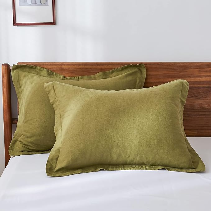 100% French Linen Pillow Shams Basic Style - Pack of 2 - Washed Solid Color Natural Flax Soft Breathable - Olive, 20'' x 26''