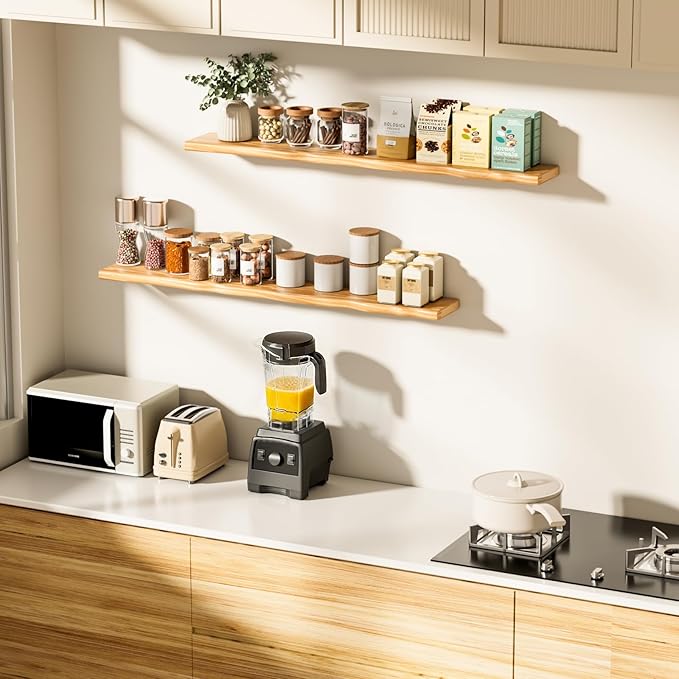 Floating Shelves for Wall Rustic Farmhouse 55 Inch Floating Shelf Bathroom Wooden Shelves for Wall Mounted Live Edge Pine Shelf with Unique Natural Grain for Living Room Bedroom Kitchen (Natural)