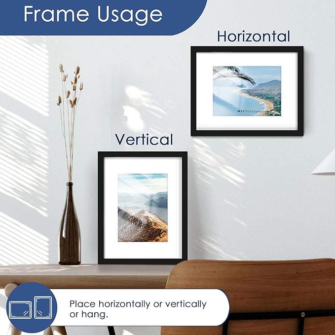 PEALSN 8.5 x 11 Picture Frame Set of 6, Display Pictures 6x8 with Mat or 8.5 x 11 without Mat for Wall Mounting Display, Photo Frames Collage for Wall Decor, Black.