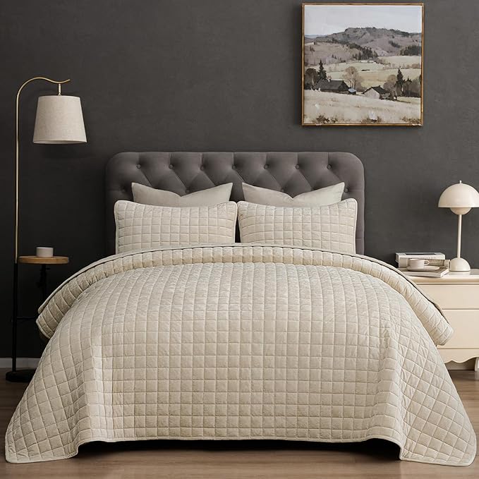 PHF Luxurious Velvet Quilt Set King Size – 3PCS Super Soft Quilted Comforter Alternative with Square-Box Quilt Pattern, Warm Quilted Bedspread Coverlet, 108" x 92", Sand