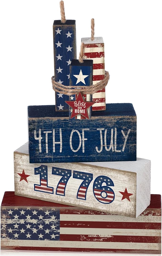 CroBlissful 4 Pcs 4th of July Decorations Patriotic Memorial Day Tabletop Decoration Red White Blue Table Centerpieces Sign for Office Tiered Tray Home Shelf 250th Anniversary(1776)