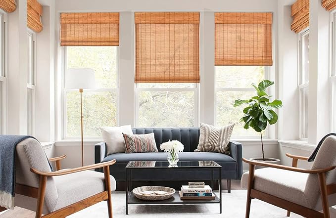 LazBlinds No Tools No Drill Cordless Bamboo Roman Shades, Light Filtering Window Treatment, Roll Up Bamboo Blinds for Windows 36'' W x 64'' H, Wood