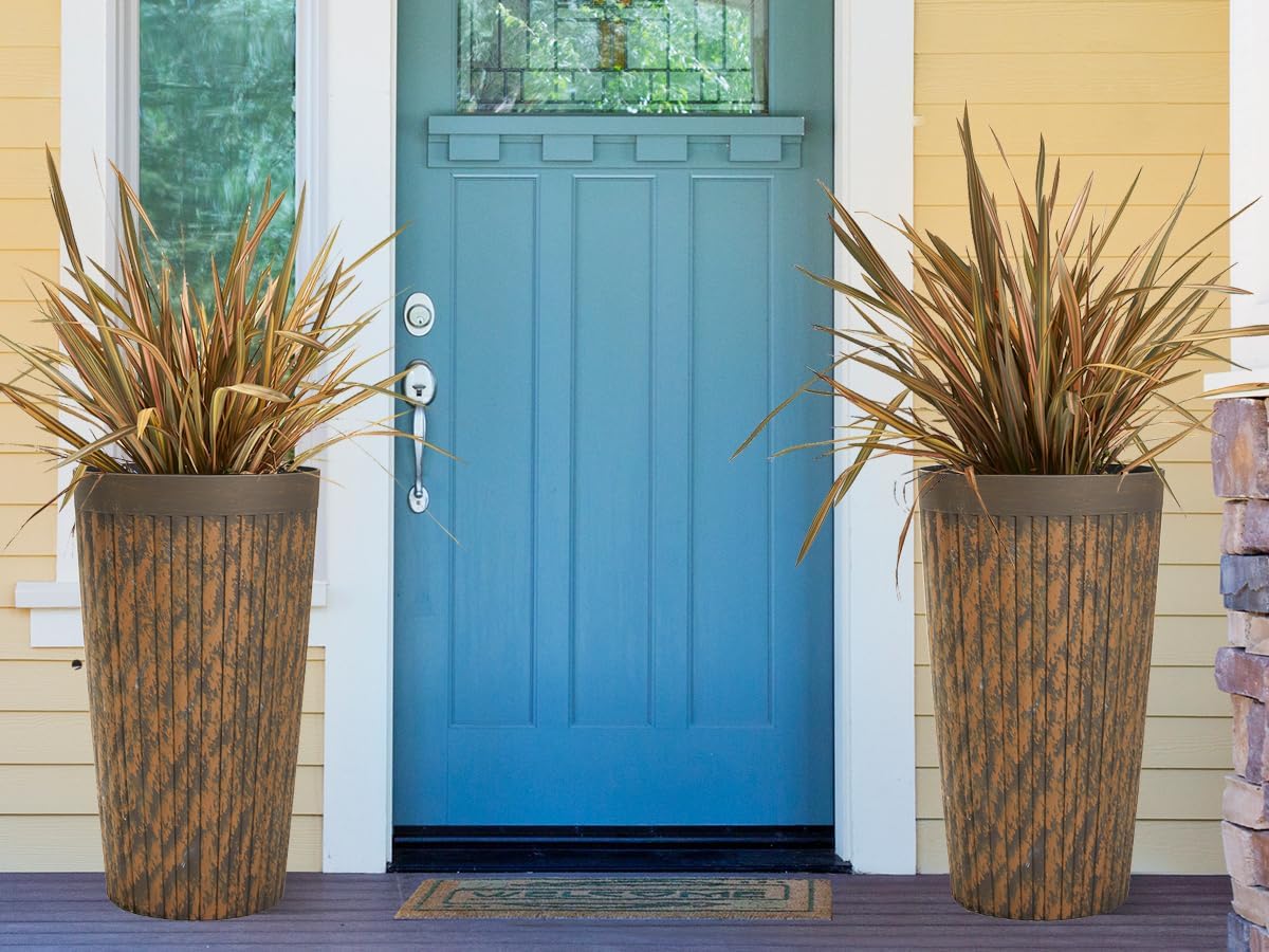 Worth Garden 22.5" H. Plastic Planters - Set of 2 Vintage Brown Tall Conical Plant Pots for Indoor Outdoor Use - Decorative Lightweight Flower Pots for Front Porch, Patio, Deck - 12.5" Dia x 22.5" H