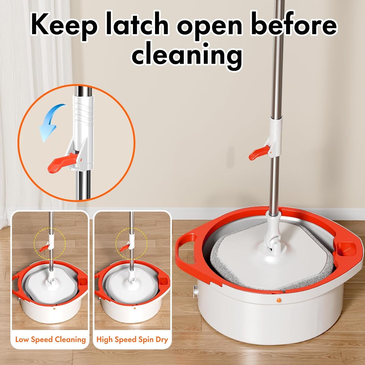 Spin Mop and Bucket Set with Separate Dirty and Clean Water,360° Spin Mop and Bucket System with Widening Foldable Handle,6 Replaceable Mop Pads,Square Mop for Floor Hardwood Wall Cleaning(White)