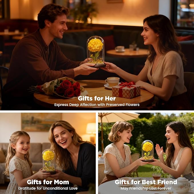 Forever Hydrangeas in Glass Dome,Forever Preserved Flowers Gifts Mothers Day Birthday for Grandma Women Mom Wife,Fresh Flowers for Delivery/Yellow Hydrangea