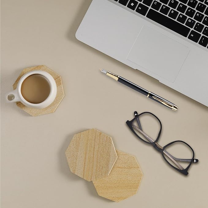 Octagonal Sandstone Coasters Set of 6 with Holder, Absorbent Stone Coasters with Soft Backing for Table Protection, Farmhouse Rustic Sandstone Coaster for Coffee Table Desk Patio Home Decor