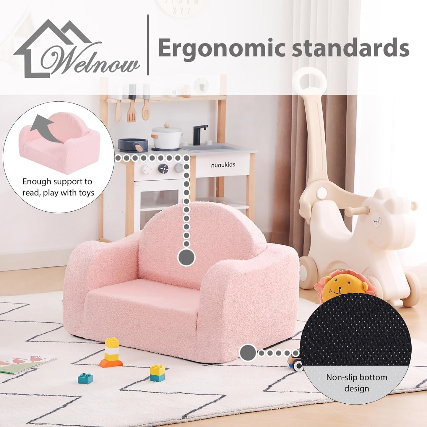 Welnow 2-in-1 Kids Sofa Chair, Convertible Toddler Chair Flip Out Children Sofa Chair with Wave Armrests Folding Kids Play Sofa with Side Pockets & Removable Cover Armchair for Girl or Boy