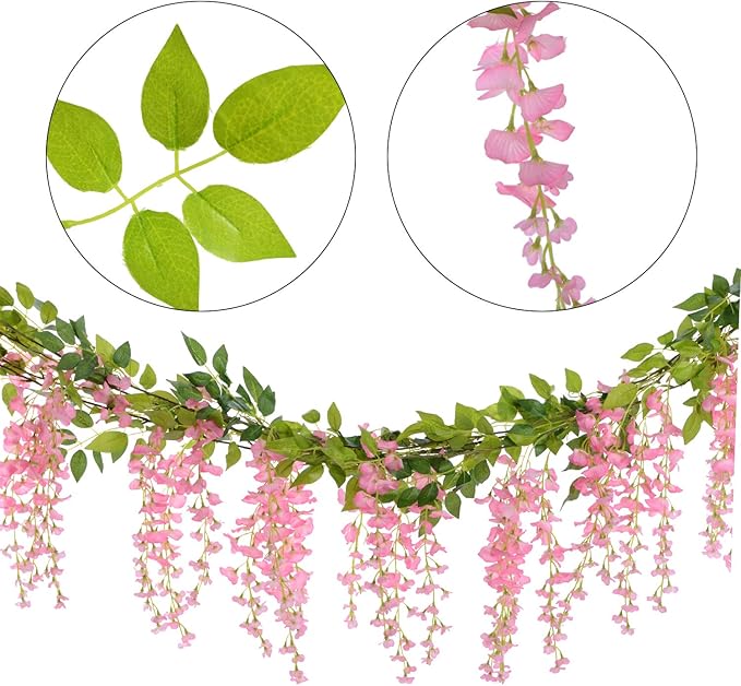 Lvydec Wisteria Artificial Flowers Garland, 4 Pcs Total 28.8ft Artificial Wisteria Vine Silk Hanging Flower for Home Garden Outdoor Ceremony Wedding Arch Floral Decor (Pink)
