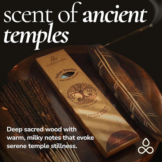 Ayurvedic Sandalwood Incense Sticks Natural - for Meditation Incense (24+ Smudge Sticks, 9 Inches) Thick Resin Natural Incense with Indian Sandalwood | Auspicious Spiritual Incense for Calming Self