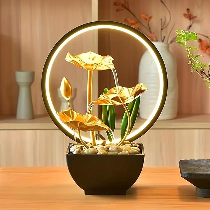 Tabletop Fountain with Led Light, 11IN Gold Lotus Indoor Waterfall Fountain USB Powered Zen Table Water Fountains with 1 Replacement Water Pump