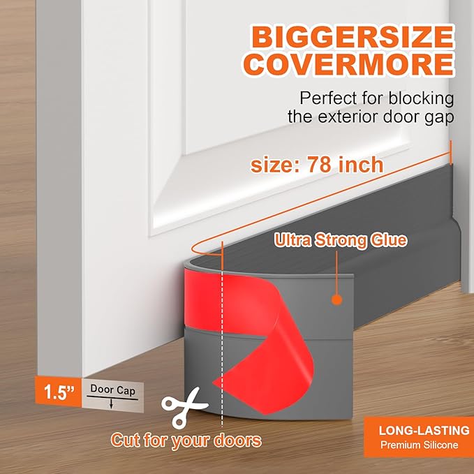 Door Draft Stopper, Door Sweep for Bottom of Door, Weather Stripping Door Seal Gap Filler Bottom Blocker Soundproofing Cold Air Insulation Save Energy Install Quickly Easily (Gray, 78‘’)