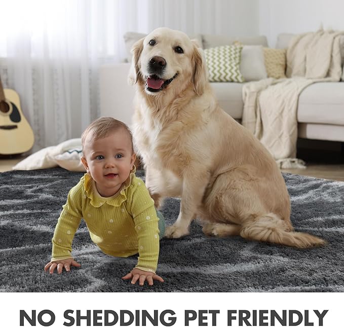 4x6 Ft Shag Rugs for Bedroom Living Room, Tie-Dyed Ultra Soft Fluffy Furry Area Rugs for Indoor Floor, Aesthetic Carpet for Kids Home Decor (Grey)