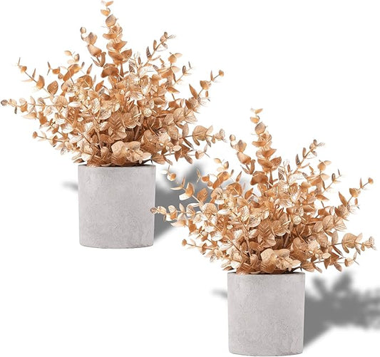 Coferset 2 Pack Gold Eucalyptus Small Fake Plants Potted Artificial Plants for Christmas Decorations Shelf Desk Home Farmhouse Room Coffee Table Bathroom Decor