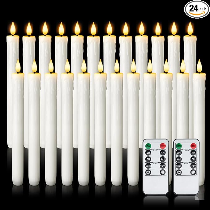 Homemory 24 Pcs Real Wax Flameless Taper Candles with Remote Timer and Dimmer, Battery Operated Candlesticks with Flickering Light, White Window Candles, 9.6 Inches for for Wedding Home Decor