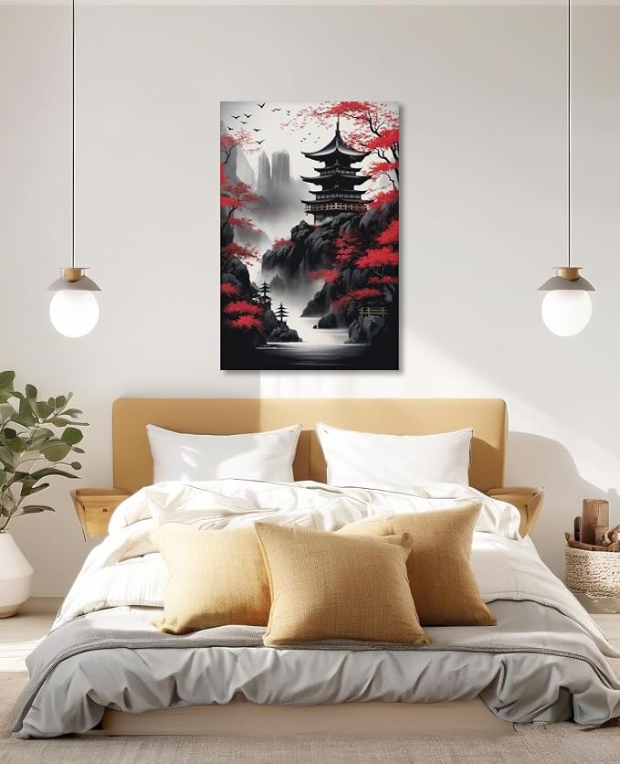 KPLUNDO Japanese Wall Art Asian Landscape Canvas Prints Red and Black Cherry Blossom Trees Picture Vintage Painting for Bathroom Living Room Bedroom Home Wall Decor(Art-1,12.00x18.00 inch)