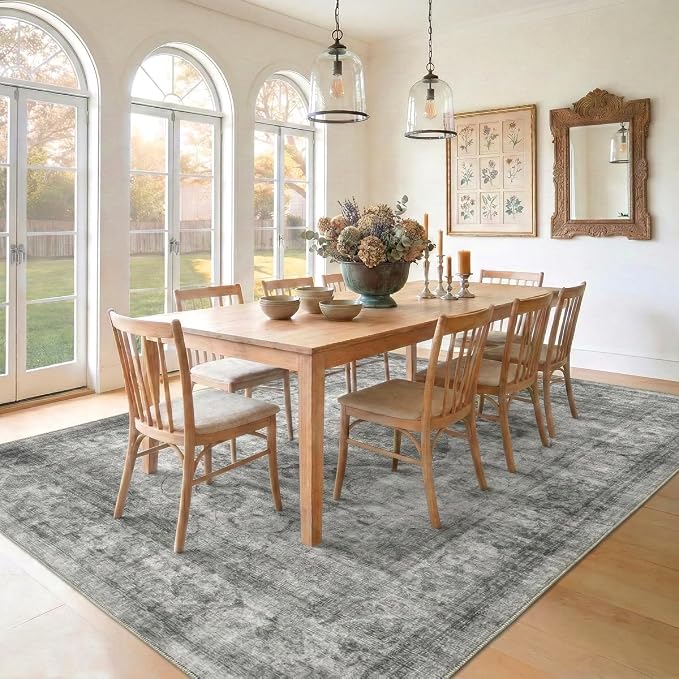 Homemate Washable Rug 6x9 Area Rugs - Vintage Faux Wool Rugs for Living Room Bedroom Dining Room - Non Slip Foldable Carpet Indoor Area Rug for Home Decor（6'x9', Black