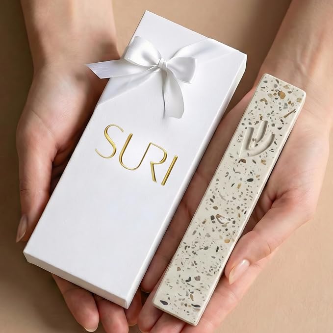 SURI Mezuzah Case – 5 Inch Terrazzo Cream and Pink Concrete Jewish Door Mezuza Cover with Non Kosher Scroll, Self-Stick Adhesive, Fits a 4 Inch Scroll, Gift Box Included