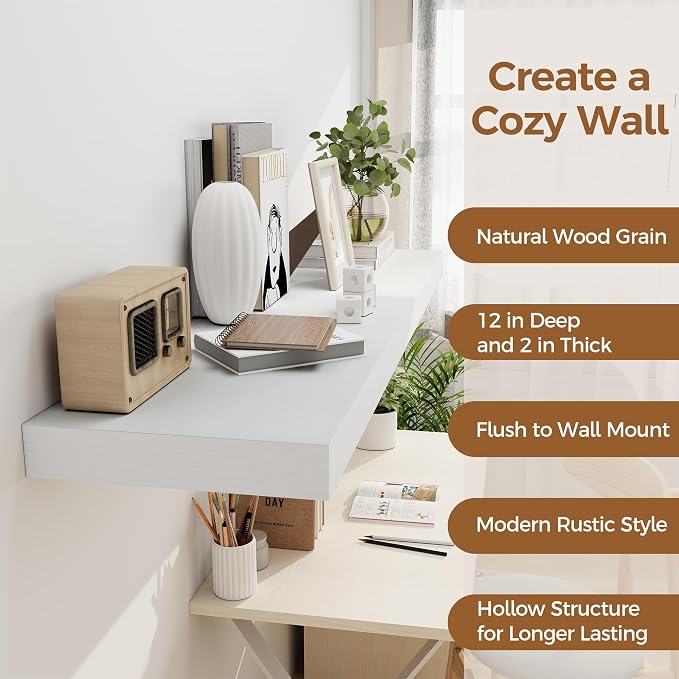 Fun Memories 48inch Floating Shelves, 12" Deep Wall Shelves for Storage and Home Decor, White Wall Shelves for Living Room Bedroom Bathroom Kitchen Laundry Room, Set of 2