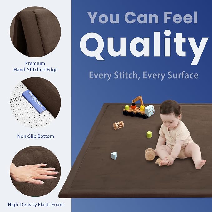 Baby Play Mat for Floor,1.3" Thick Memory Foam Tummy Time Mat,Soft Coral Velvet Nursery Rug,Extra Large Non Slip Crawling Mats for Living Room（Dark Brown)