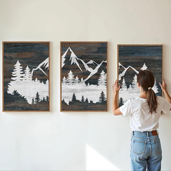 Rantodecor Vintage Mountain Framed Canvas Wall Art, White Snowy Nature Landscape Wall Decor, Rustic Wilderness Forest Art Paintings, Modern Farmhouse Artwork for Bedroom Living Room Office 24"x36"x3
