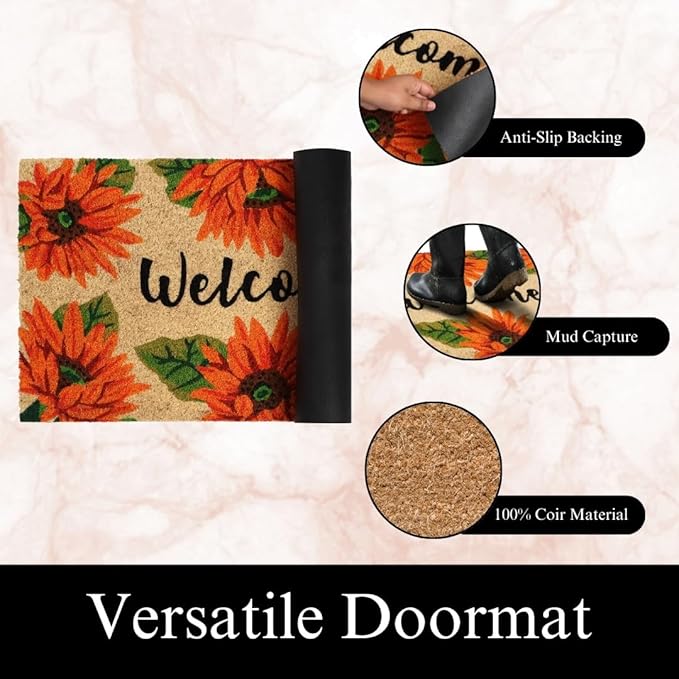 A1HC Natural Coco Coir Door Mat Orange Sunflower Doormat with Heavy Duty Non-Slip PVC Backing - 18" x 30" - Easy to Clean, Welcome Mat for Home, Low-Profile Durable Doormat