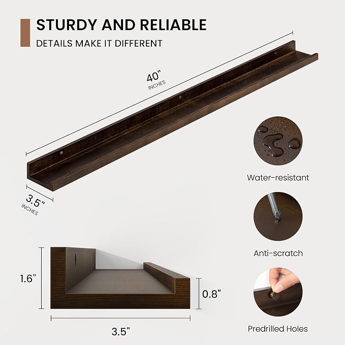 Picture Ledge Shelf, Floating Shelves Set of 2, 40 Inches Solid Wood Nursery Book Shelves for Toys Storage, Kids Bookshelf Wall Mounted for Living Room Bedroom Decor Books Photo Frames, Walnut