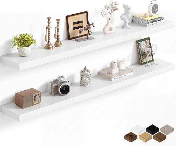Fun Memories 60Inch Long Floating Shelves, 8 Inch Deep Shelves for Bedroom|Living Room, Wall Mounted Wood Hanging Shelf with Invisible Brackets for Fireplace Mantel Home Storage Decor, White - 2 Pack