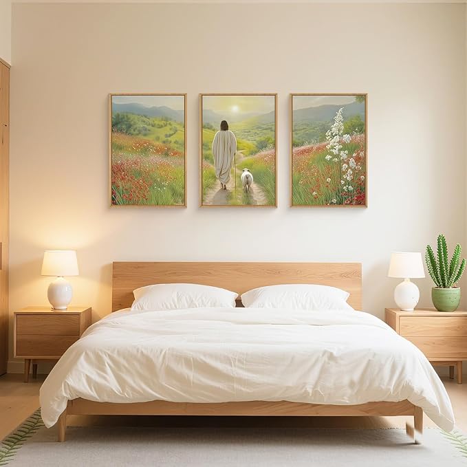 LHIUEM Large Jesus and Lamb Christian Framed Canvas Wall Art,Leaves The 99 Sheep Wall Decor,Mountain Sunset Flower Bible Artwork for Living Room,Bedroom,Dining Room,Office -16''x24''x3