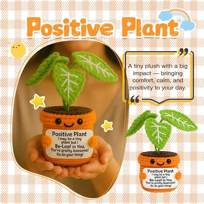 Crochet Positive Plant Inspirational Gifts for Women Coworker Plant Lovers Friends Home Office Gifts Desk Decor Handmade Knit Potted Bookshelf Decorations