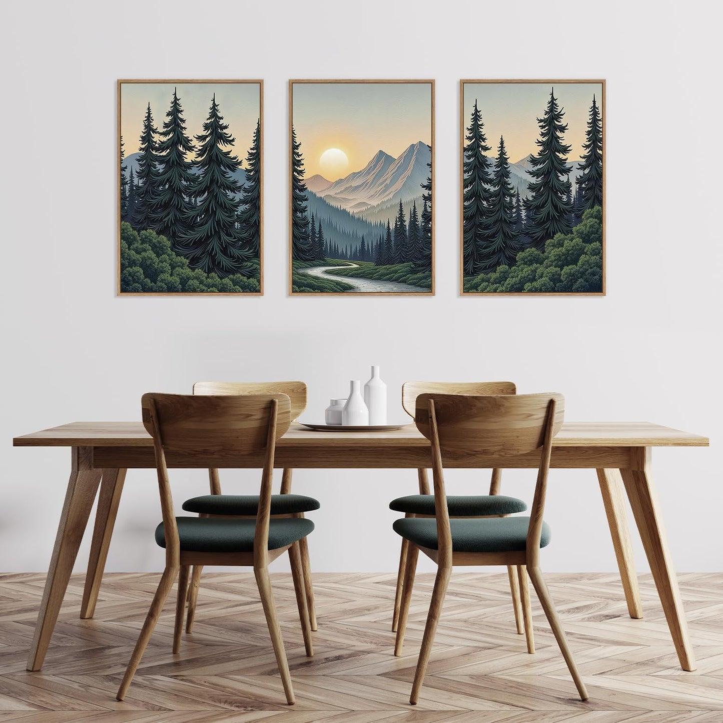 HLNIUC Mountain Forest Sun Framed Wall Art,Large Boho Pine Tree Canvas Wall Decor Set of 3(16”x24”)Ridge Mountain Landscape Picture Prints,Natural Sunset Woodland Wall Painting for Living Room,Bedroom