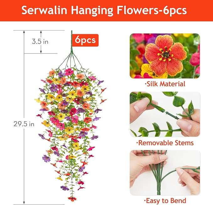 Serwalin 6PCS Artificial Hanging Flowers for Outdoors, UV Resistant Fake Hanging Plants, Realistic Weatherproof Outdoor Decor for Patio, Porch, Garden & Window (Yellow, Hot Pink, Purple &Orange,6PCS)