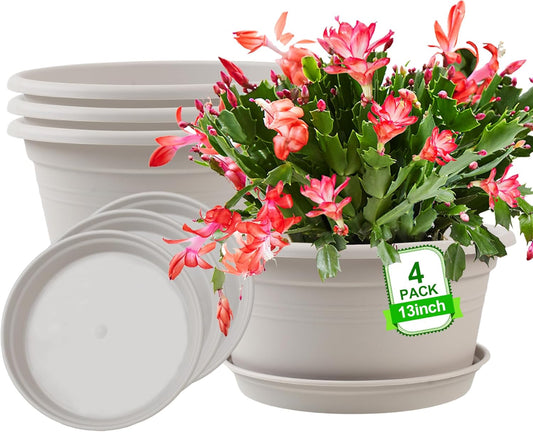 Large 4 Pack 13 inch Plant Pots, Round Plastic Pots for Plants, Outdoor Planters with Drainage Hole & Tray Saucer, Decoration Large Flower Pots for Indoor Outdoor Garden Home Plants (Beige)