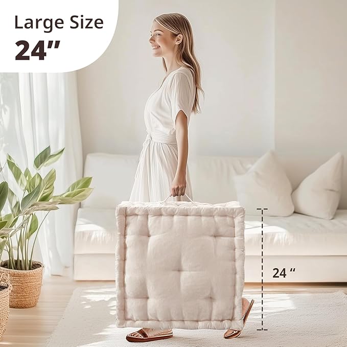Intelligent Design Azza Floor Pillow, Large Cushions Sitting for Adults, Floor Pillow for Meditation or Yoga, Lustrous Chenille Tufted with Scalloped Edges for Bench/Chair Cushion, 24"x24"x5" Ivory