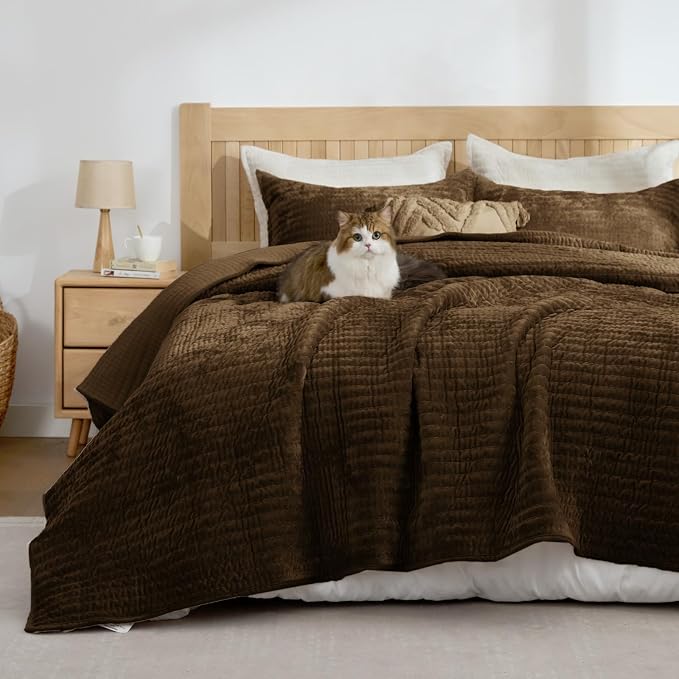 BEDELITE Velvet Quilt Set Queen Size - Luxury Soft Velvet Comforter Bedding Set for All Season, Lightweight Quilted Channel Stitch Oversized Bedspread Coverlet with 2 Matching Shams, Brown
