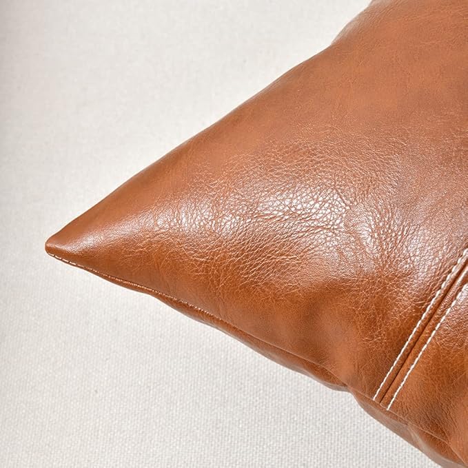 Fancy Homi Brown Boho Lumbar Faux Leather Decorative Throw Pillow Covers 16x24 Inch for Living Room Couch Bed Sofa, Hand Stitched Rectangle Cushion Case 40x60 cm, Rustic Modern Farmhouse Home Decor