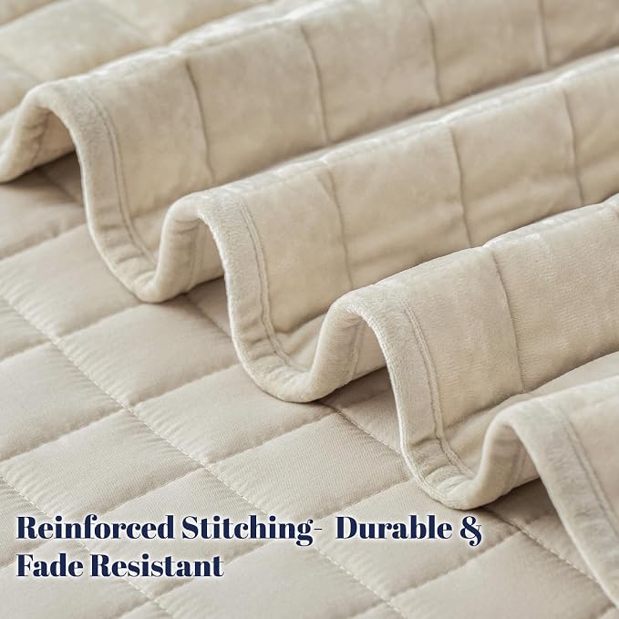 PHF Luxurious Velvet Quilt Set King Size – 3PCS Super Soft Quilted Comforter Alternative with Square-Box Quilt Pattern, Warm Quilted Bedspread Coverlet, 108" x 92", Sand