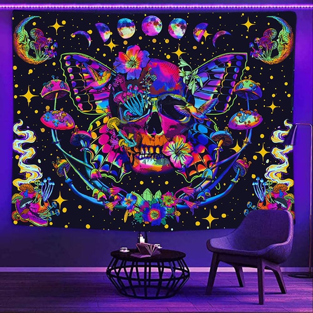 Xiaoput Blacklight Skull Tapestry, UV Reactive Mushroom Butterfly, Aesthetic Moth Moon Flowers, Hippie Skeleton Wall Hanging for Bedroom, Living Room, Home, Dorm 80x60IN