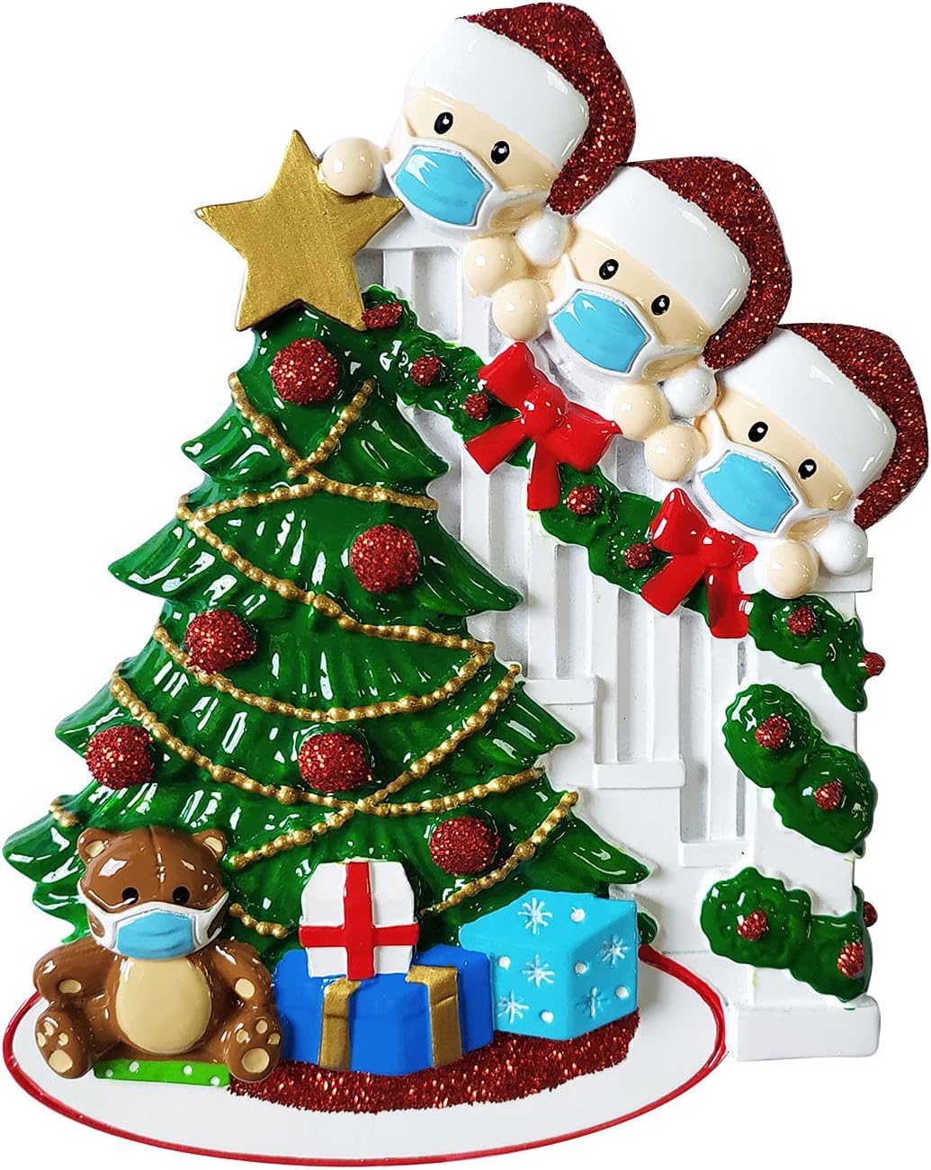 Masked Family of 3 Christmas Ornament 2025 Personalized Family Christmas Ornaments 2025 | Pandemic Memorial Personalized Tree Ornaments Customizable Gifts with Bear in The Staircase of Three Ornament