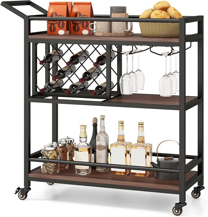 GOFLAME 3-Tier Bar Cart, Industrial Serving Cart with Wine Racks & Glass Holders, Convenient Handle, Rolling Beverage Cart with Metal Frame for Kitchen, Dining Room, Living Room, Brown